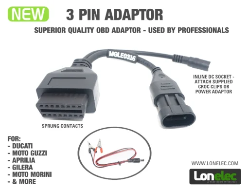 Lonelec 3 Pin Adaptor for Guzzidiag Tuneecu Moto Guzzi Ducati